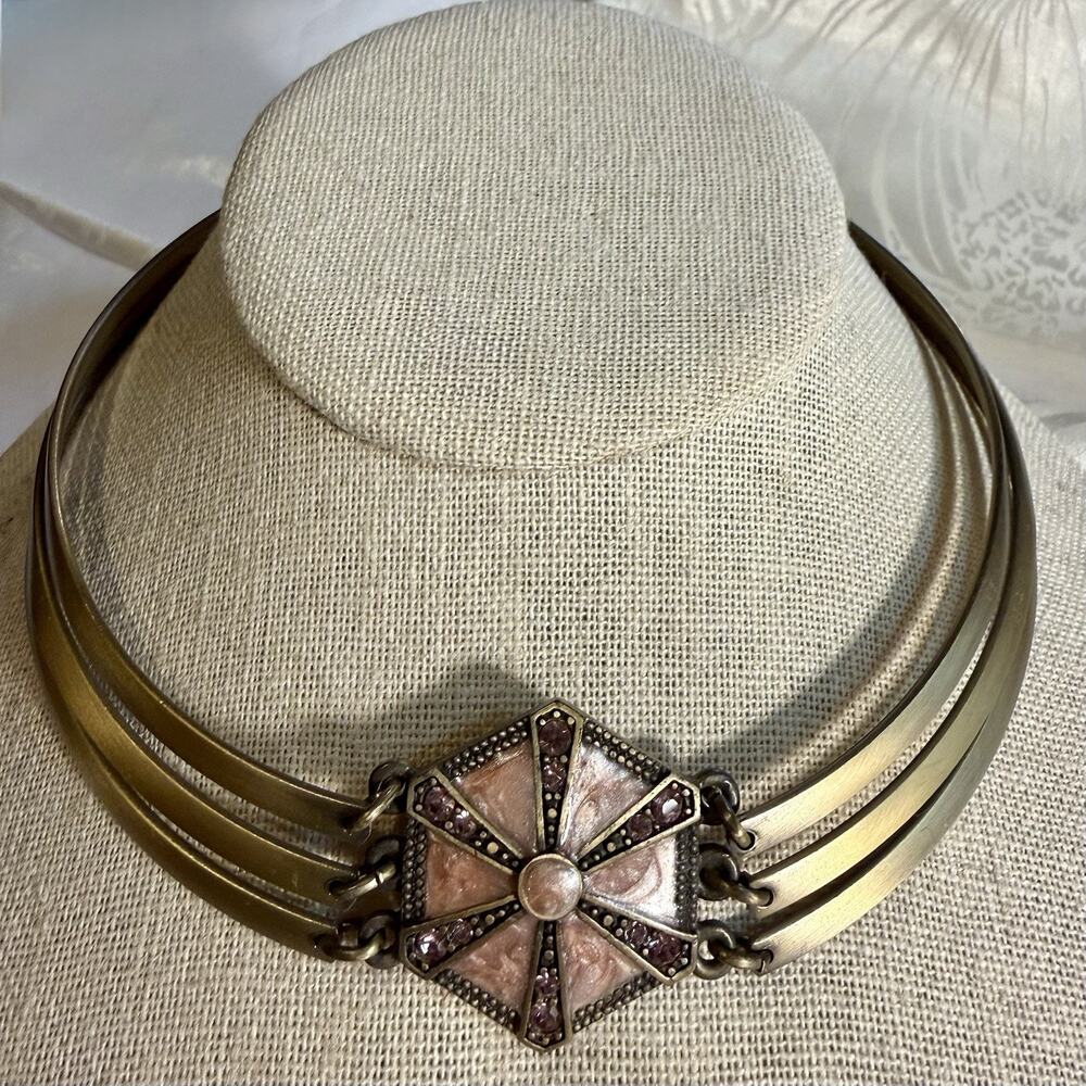 VTG Park Lane Brass Tone Pink Enamel Rhinestone Triple Strand Collar Necklace